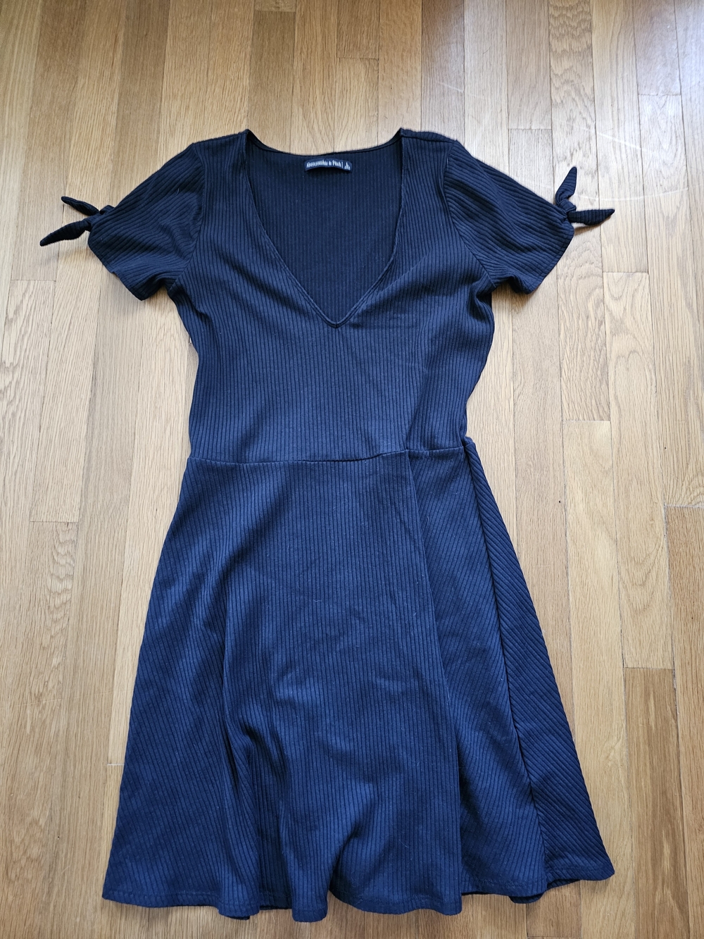 Abercrombie & Fitch Navy Blue Ribbed V-Neck Tie-Sleeve Mini Dress